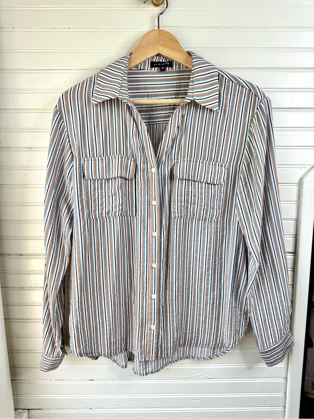 Pleione Striped Button-Down Shirt in Beige, White & Blue
